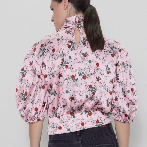Zara High Neck Pink Floral Puff Sleeve Top Size M - Picture 9 of 9